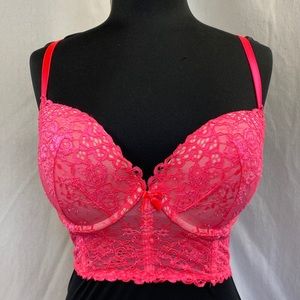 Sexy Victoria’s Secret 34DD hot pink lace lined bustier bra w/free panty